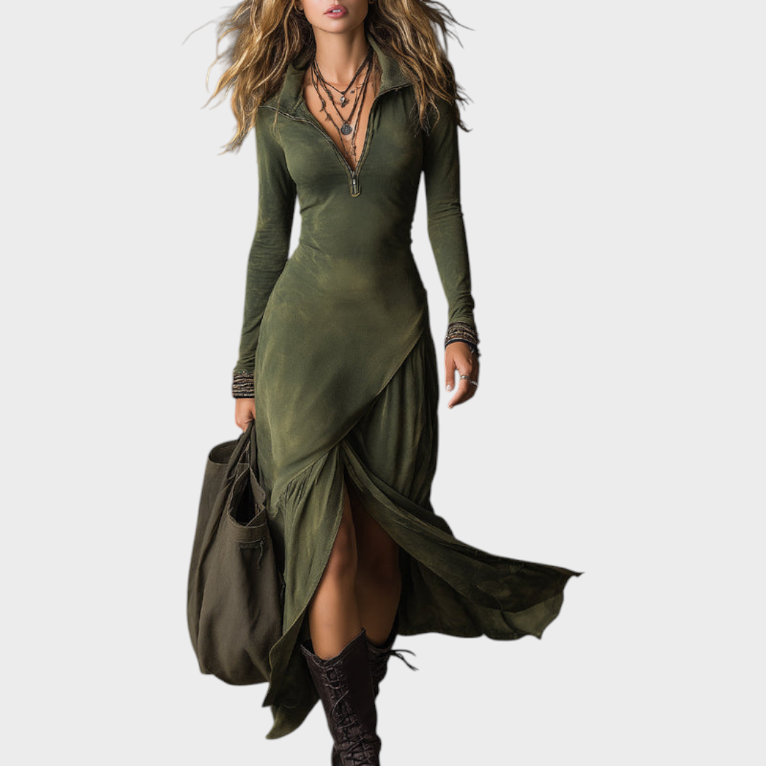 Tricia | Bohemian Midi Dress in Washed Cotton with Half Zipper and Slit at the End