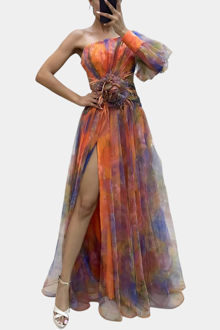 Amelie Asymmetric One-Shoulder Maxi Dress with Artistic Design