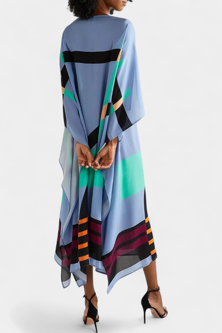 Elenora Kaftan with Geometric Pattern, Wide Line and Butterfly Mesh Fabric