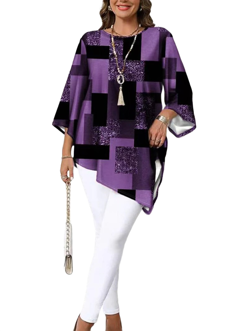 Nurit - Checkered Oversized Printed Blouse With Short Sleeve