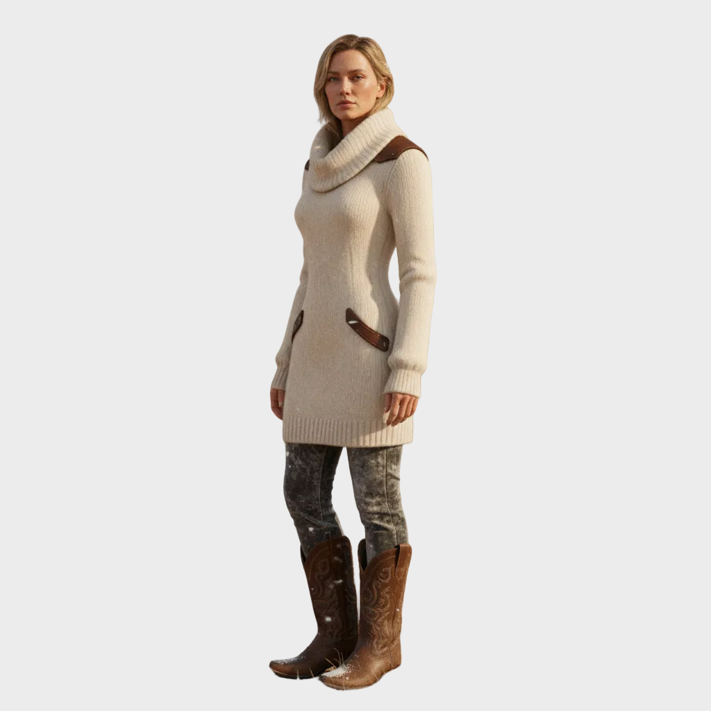 Saline | Women's Vintage Cream Knit Dress with Turtleneck and Leather Details