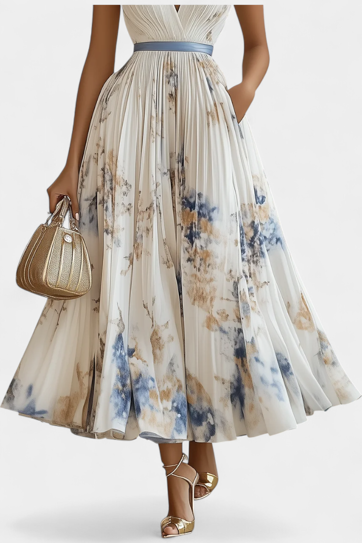 Elise Sleeveless Pleated Midi Dress with Floral Print