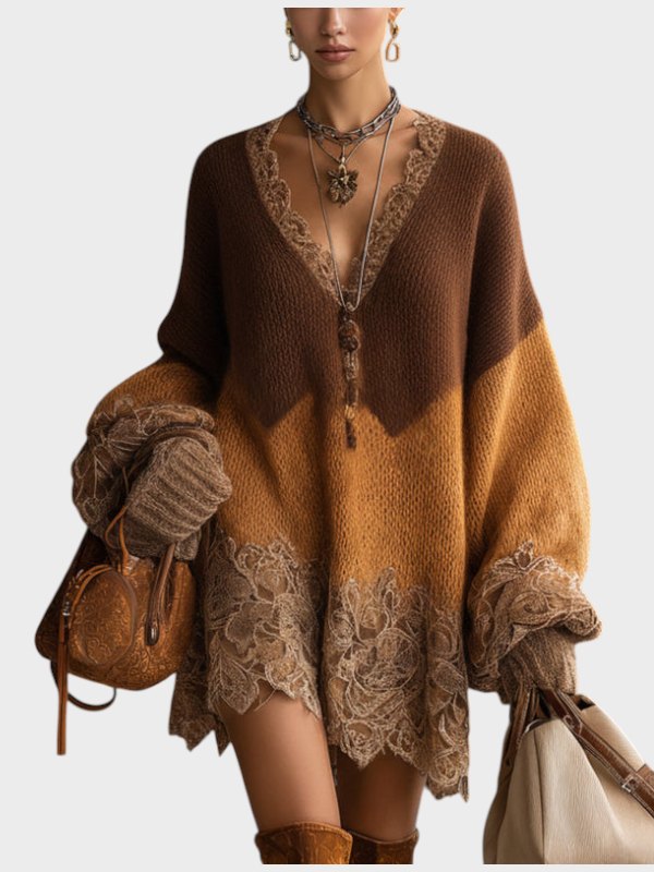 Mille | Brown Ombre Knitted Lace Oversized Mini Dress With Long Sleeves