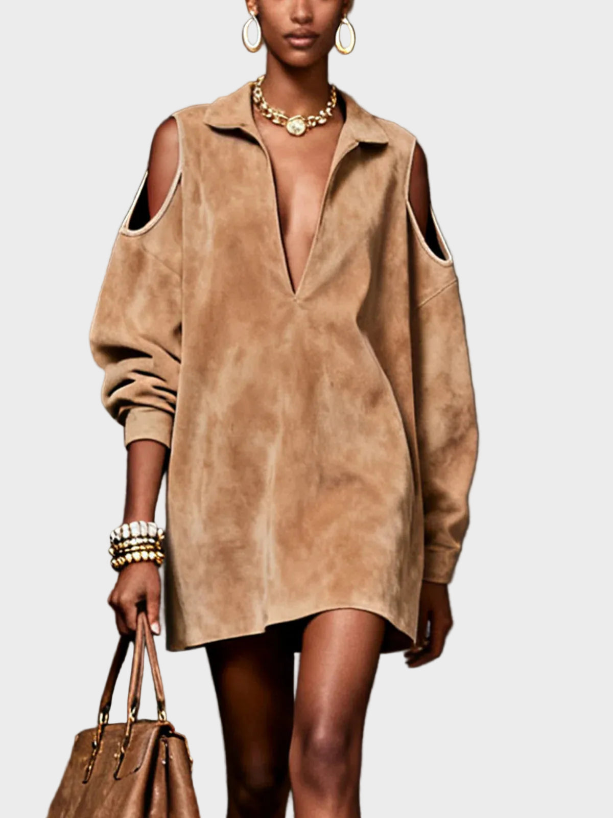 Fiona | Camel Faux Suede Cold-Shoulder Mini Dress