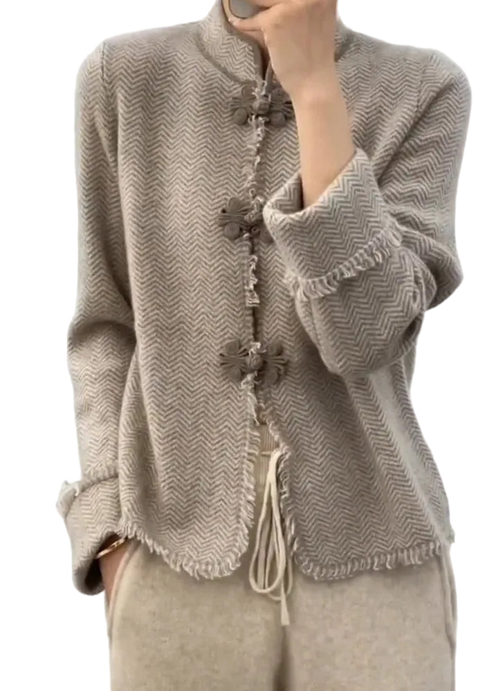 Liu - Chinese Light Camel Grey Stand Collar Button Knit Coats Long Sleeve