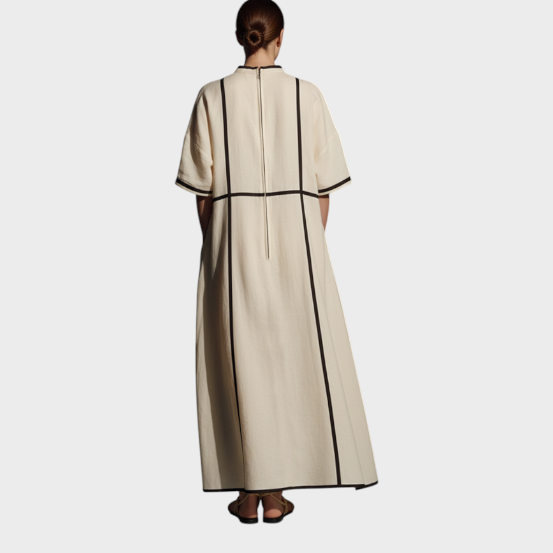 Peyton | Women's Modern Linen Blend Beige Stand-Collar Half-Sleeve Contrast-Line Pocketed Maxi Dress  MDA2924L4AU