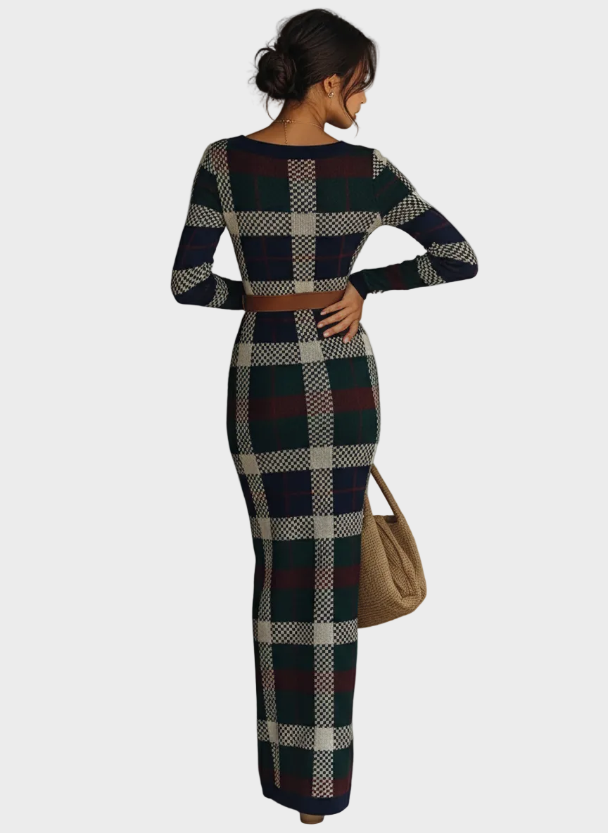 Minnie | Women's Minimalist Check Knit Belted Square Neck Maxi Dress