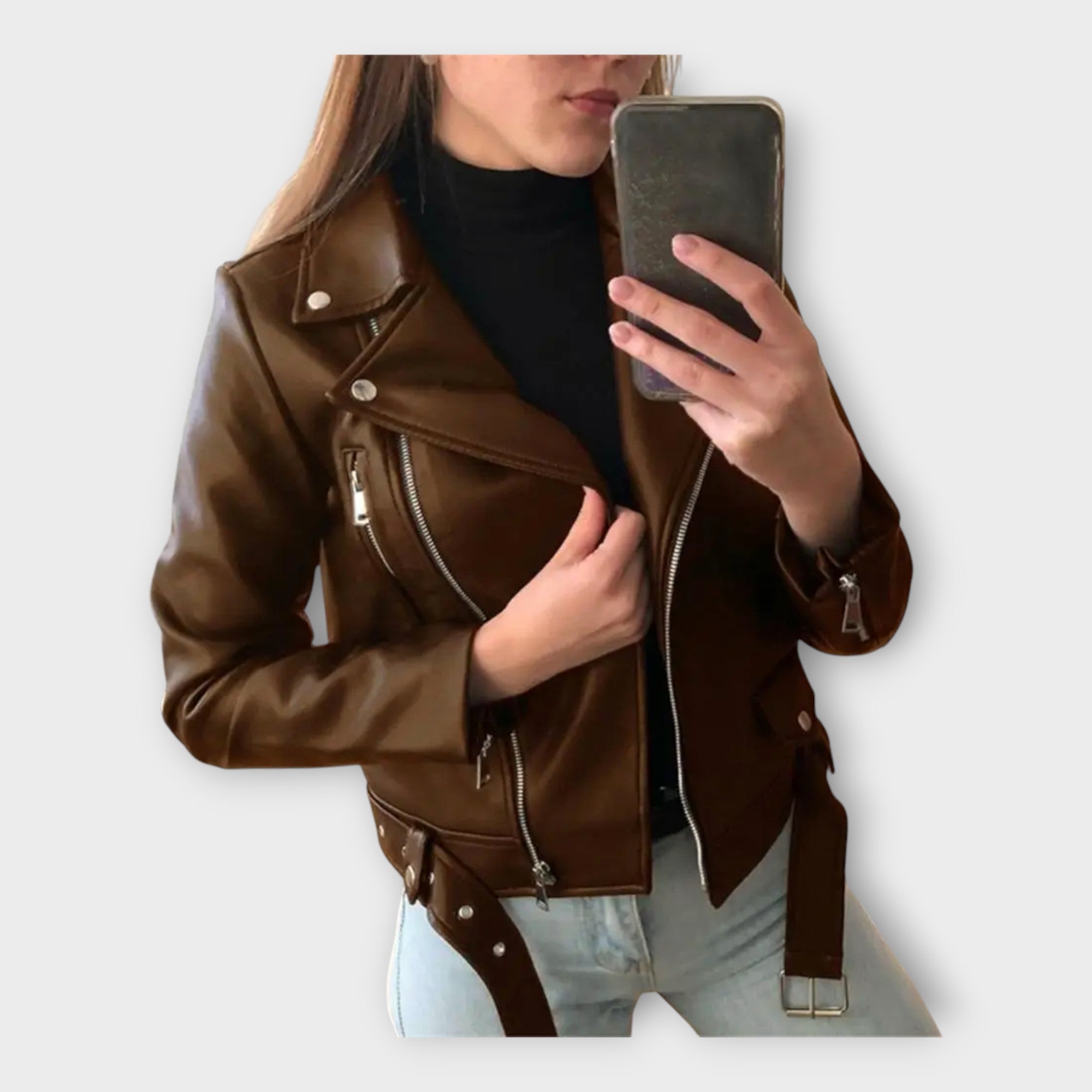 Modern Leather Jacket with Belt and Zipper