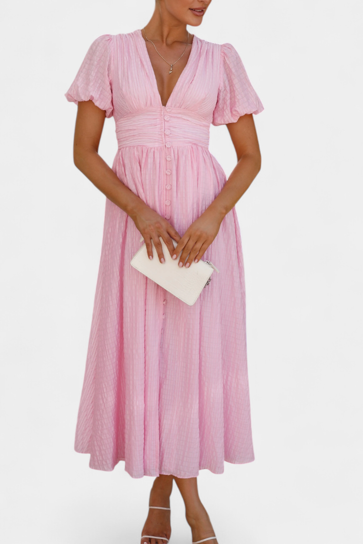 Mélia Maxi Dress with V-Neck and Puff Sleeves