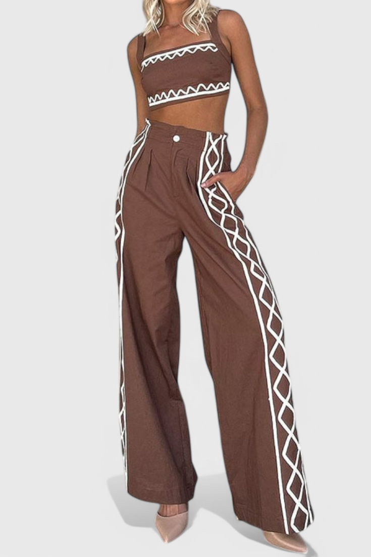 Mirella Crop Top and Wide Leg Pants Set with Zig-Zag Pattern