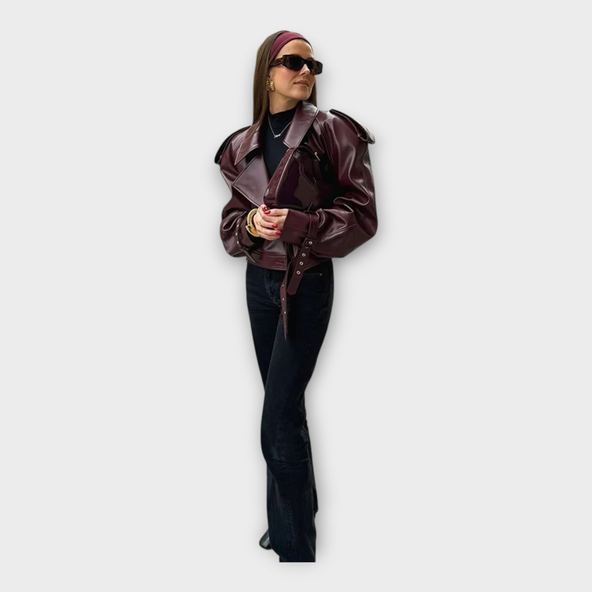 Leather Jacket with Belt and Modern Detail