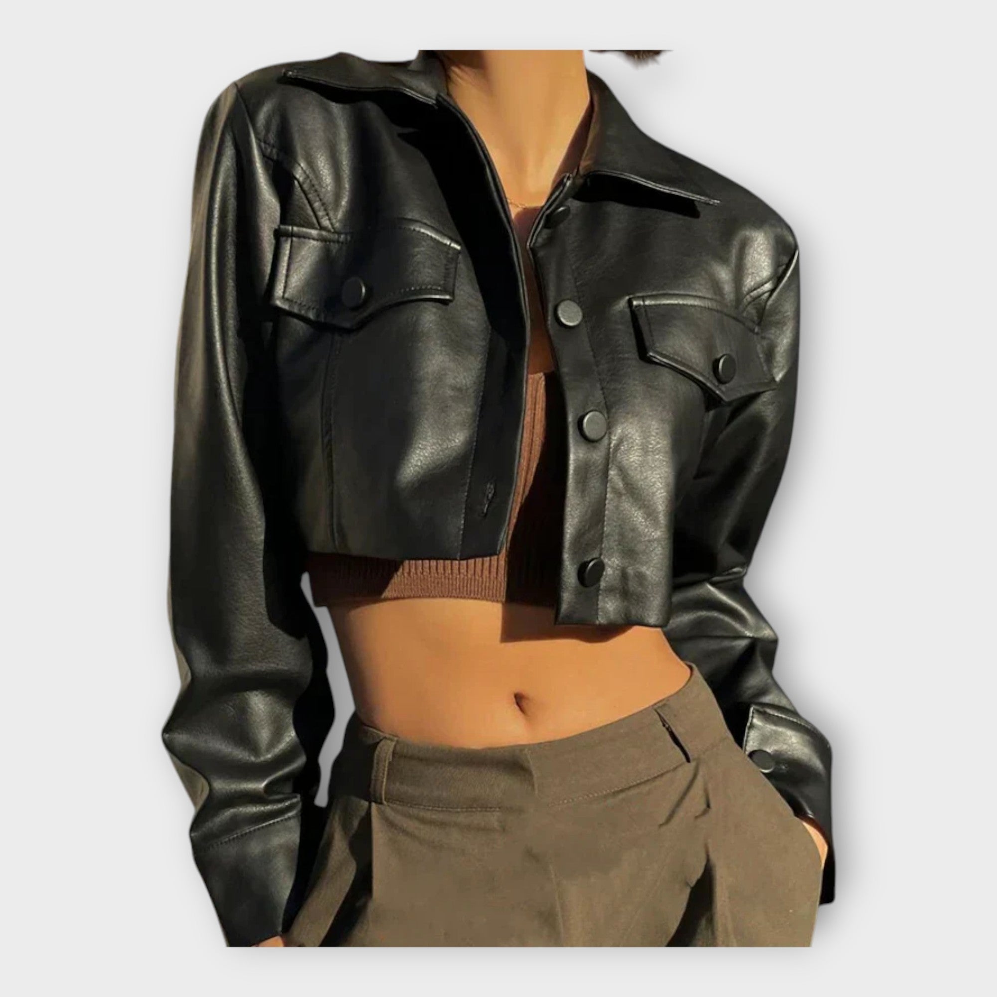 Short Leather Jacket with Pockets