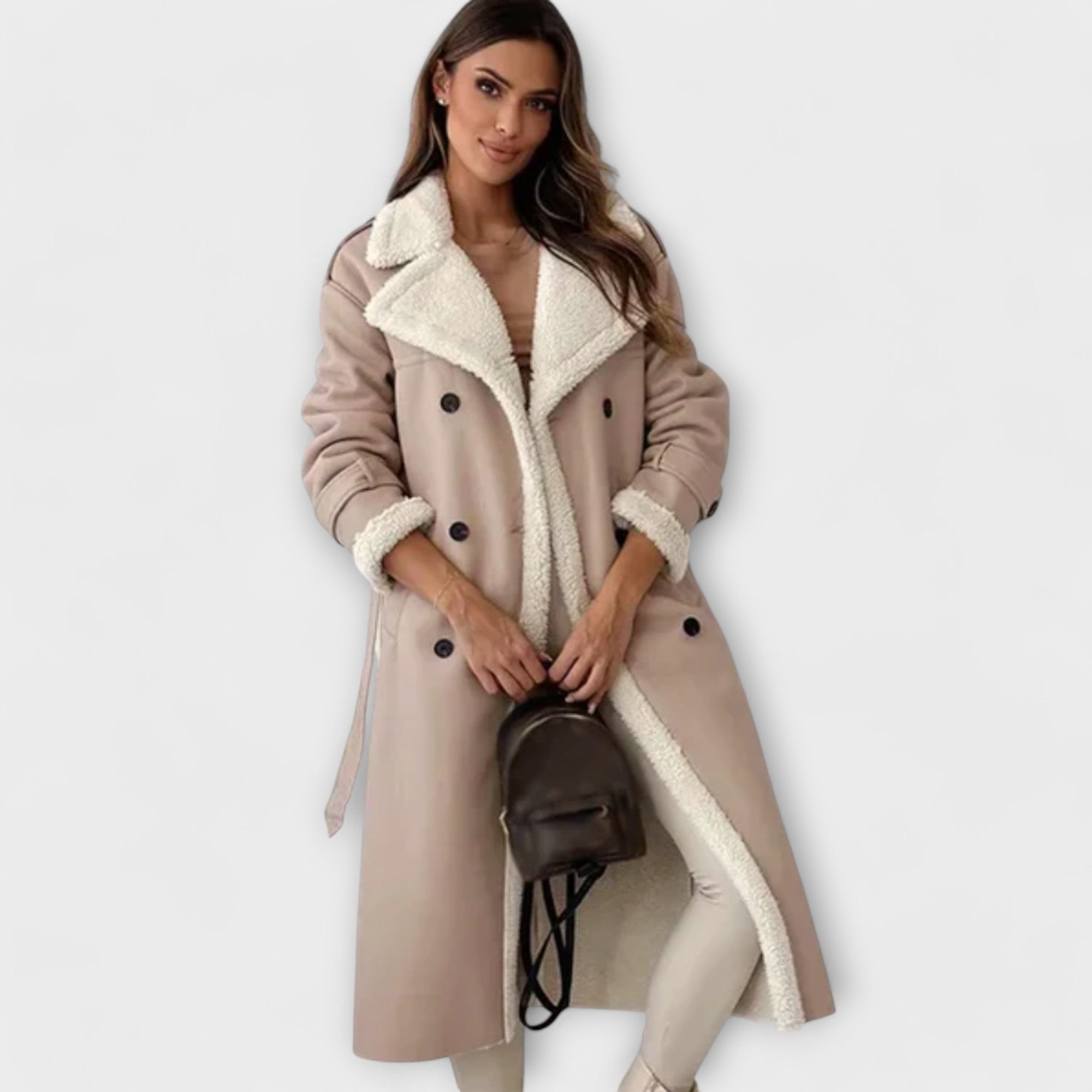 Maria – Classic long coat with fleece lining and fur collar