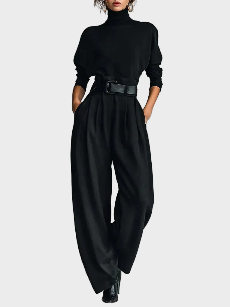 Amara | Two-piece set with a solid black long-sleeve turtleneck top and straight-leg trousers.