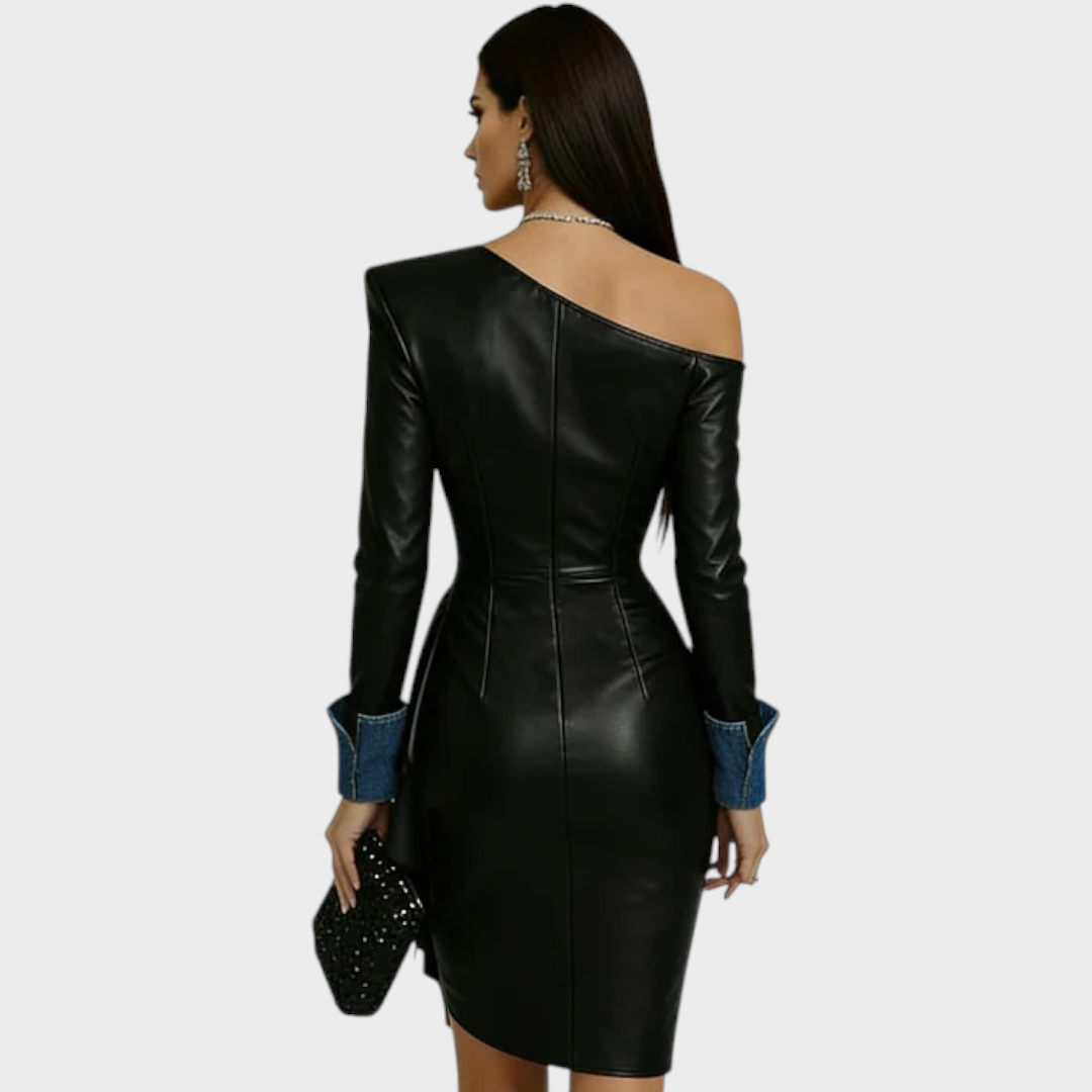 Aleigha | Women's Fashion Black PU Leather Skew Neck Denim Cuffs Asymmetrical Hem Long Sleeve Mini Dress