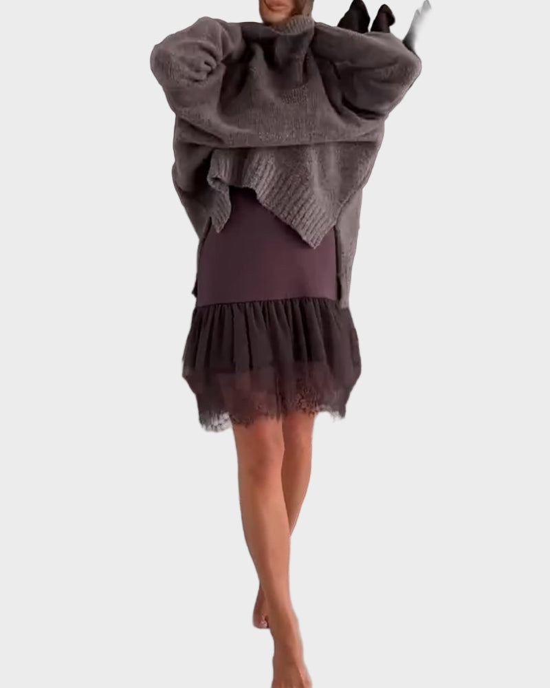 Two-piece casual set with lace turtleneck