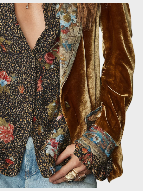 Kerstin | Vintage Handle Polyester Velvet Floral Print Patch Blazer