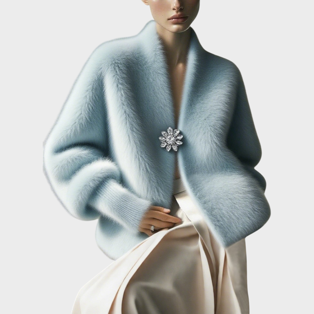 Cheska | Urban V-neck sweater made of synthetic mink with brooch