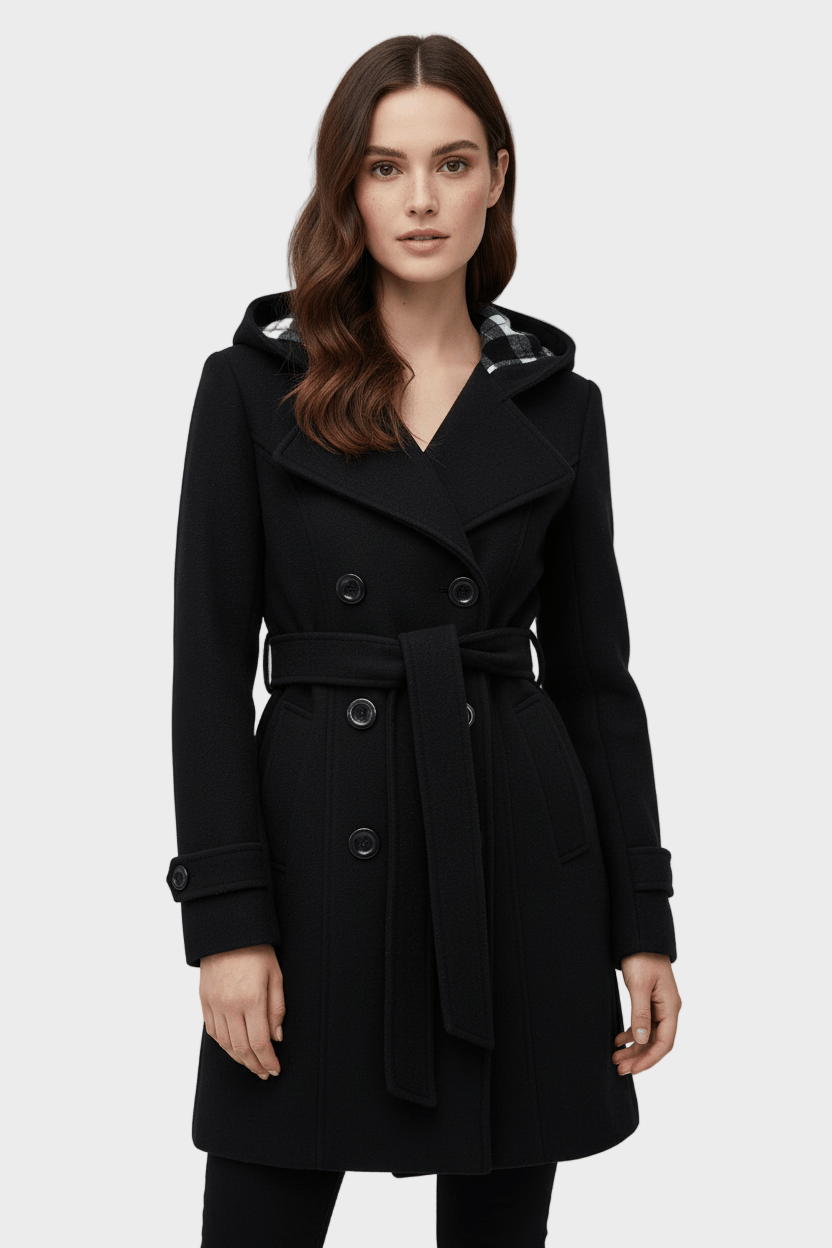 Hermione | Women's Double-Breasted Wool Blend Coat with Hood and Waist Belt