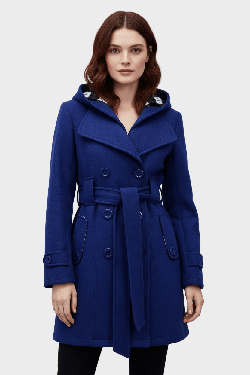 Hermione | Women's Double-Breasted Wool Blend Coat with Hood and Waist Belt