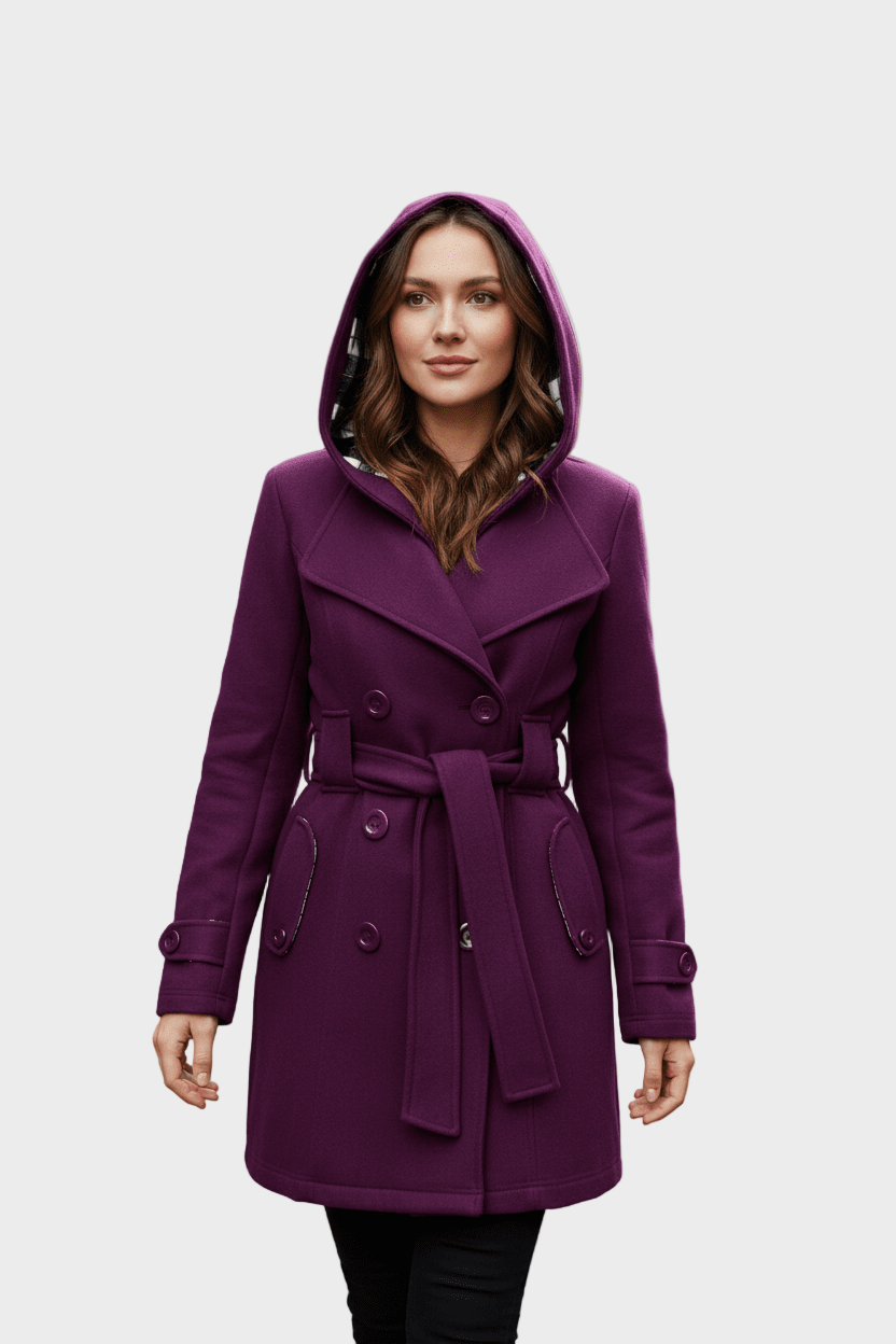 Hermione | Women's Double-Breasted Wool Blend Coat with Hood and Waist Belt