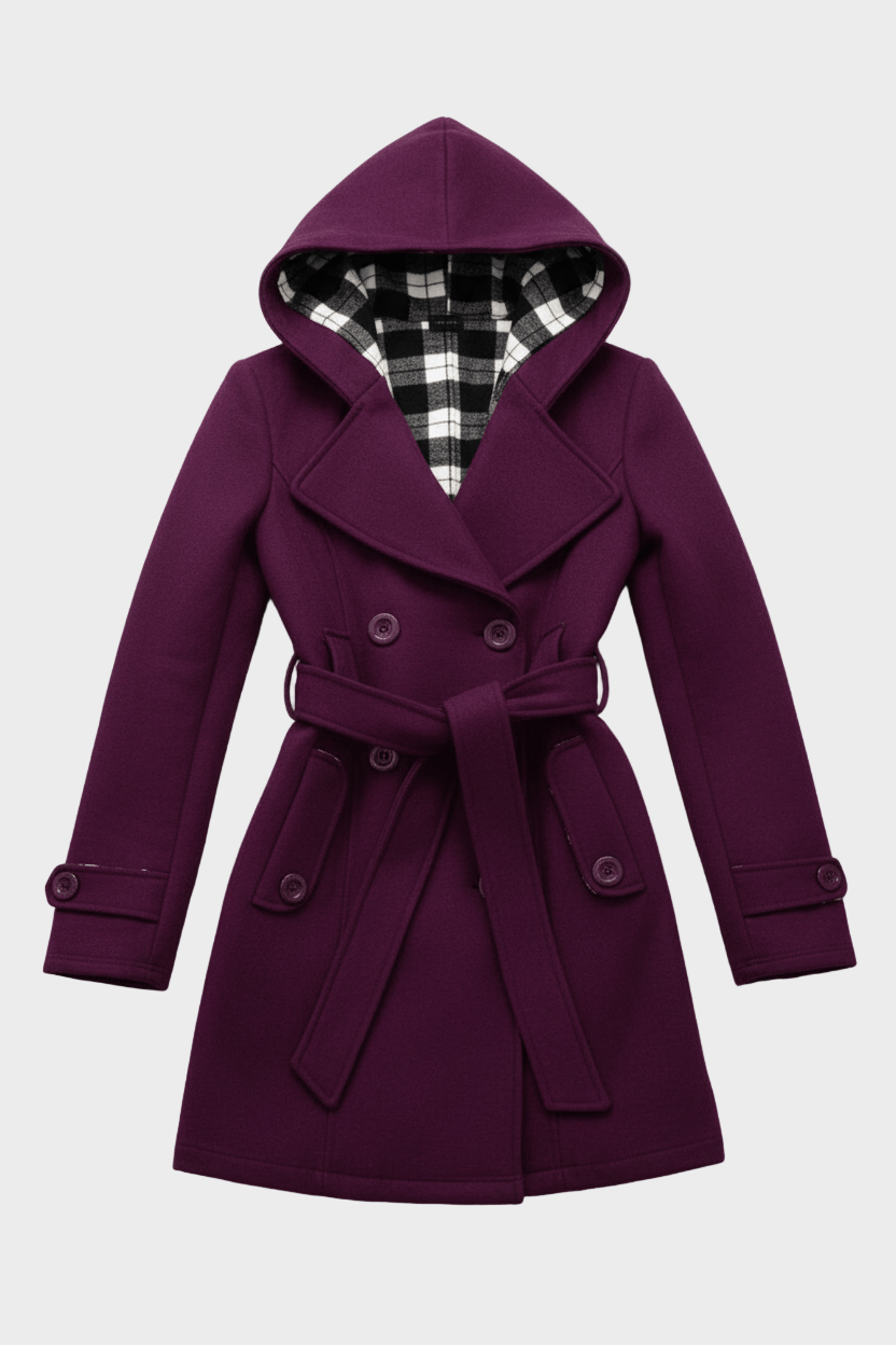 Hermione | Women's Double-Breasted Wool Blend Coat with Hood and Waist Belt