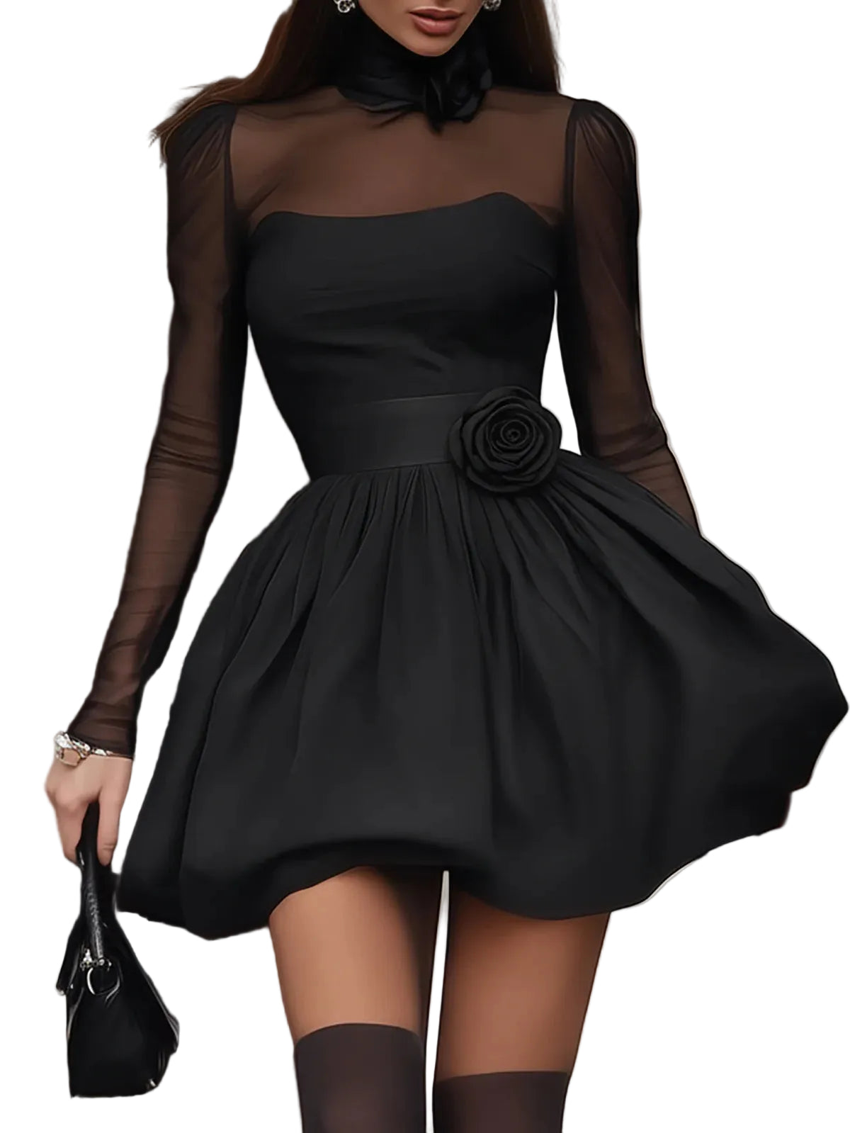 Nola - Black Tulle Accent Puff Skirt Mini Dress