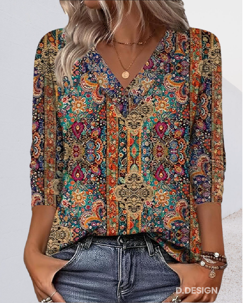Tabbs | Retro Printed Blouse V-Neck