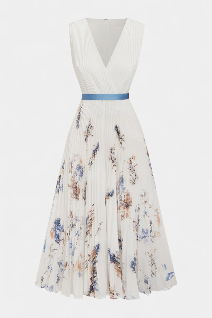 Elise Sleeveless Pleated Midi Dress with Floral Print