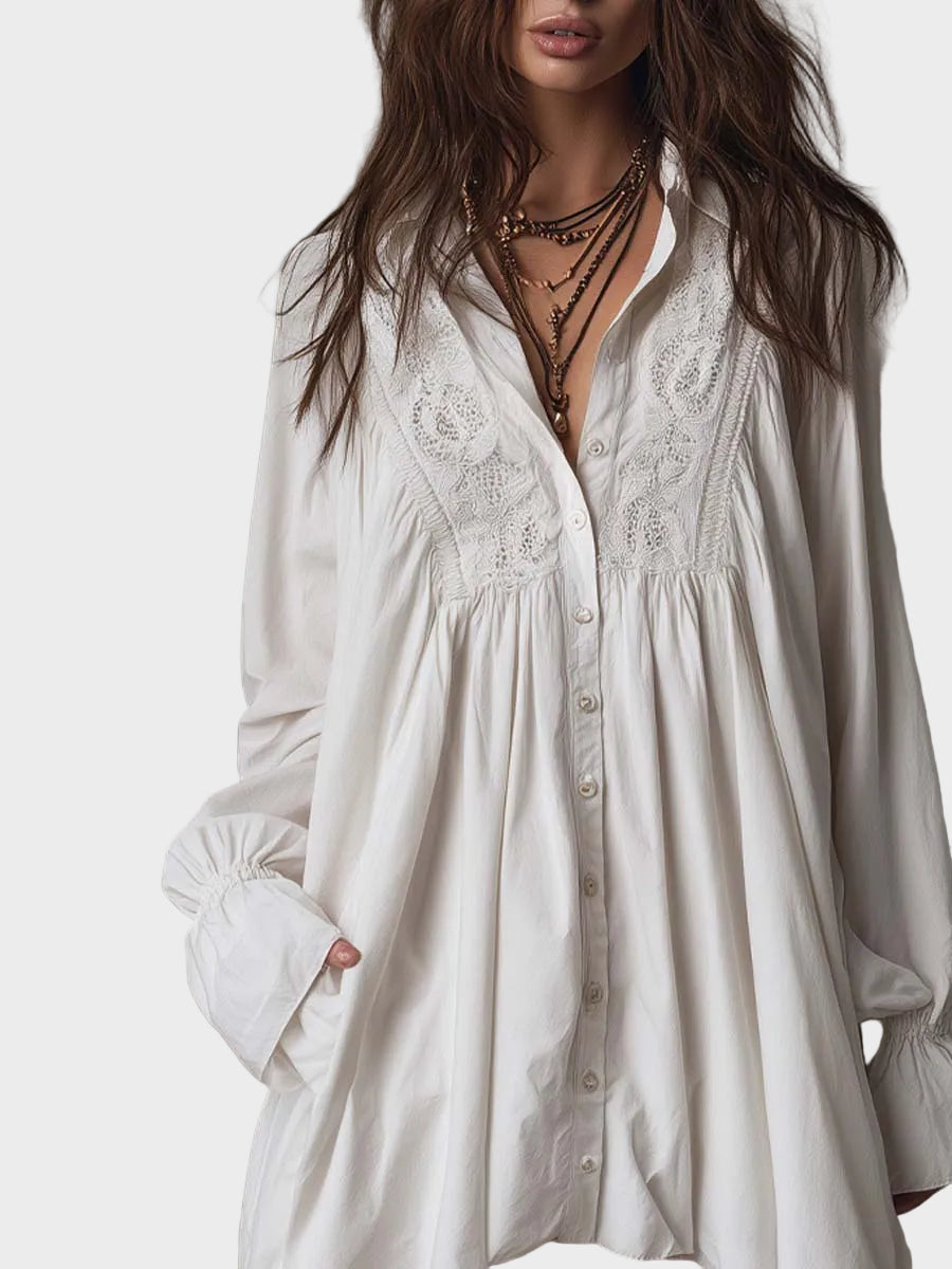 Mary- Retro mini dress with lace, asymmetrical hem and long sleeves