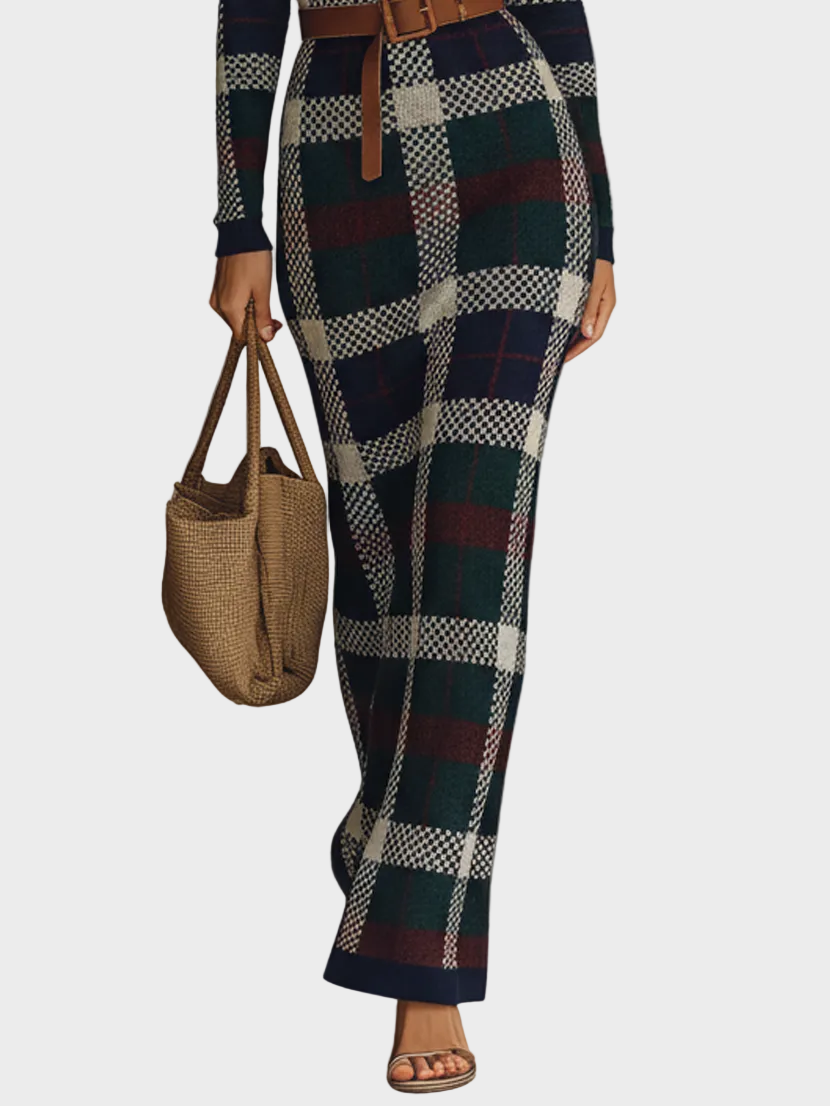 Minnie | Women's Minimalist Check Knit Belted Square Neck Maxi Dress