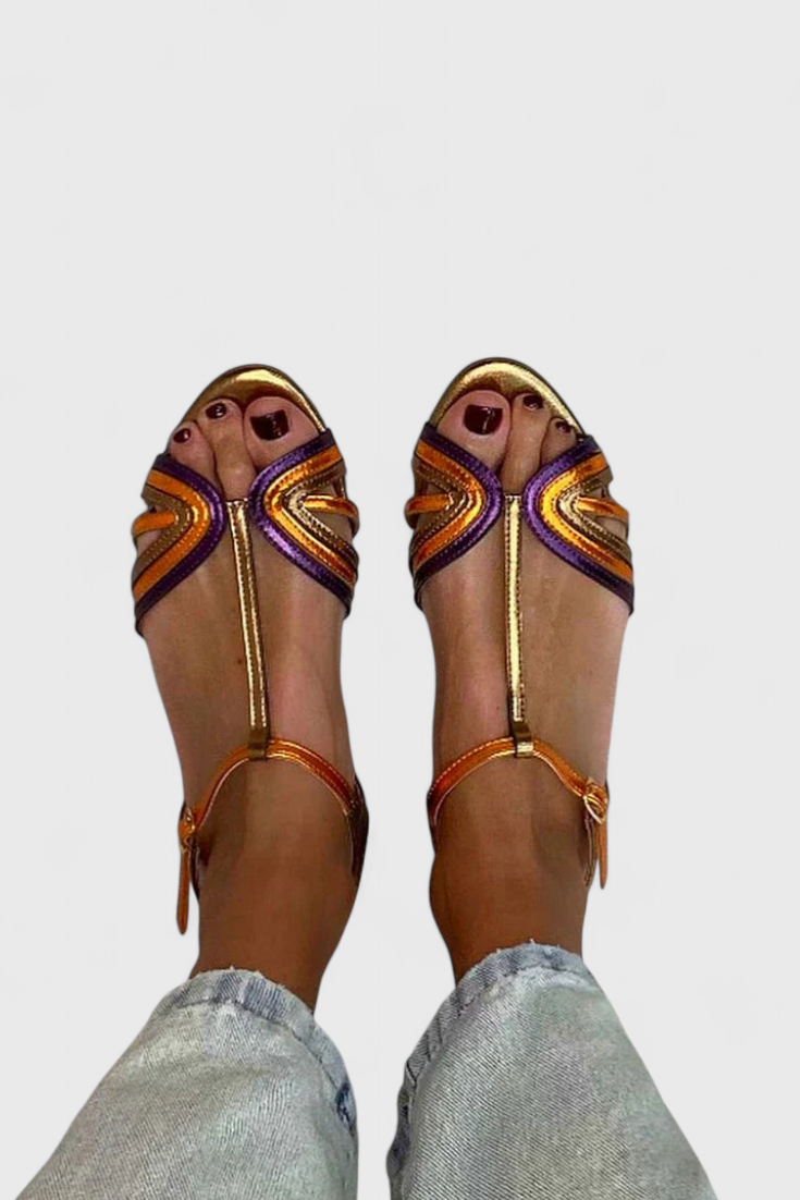 Raluca Gold sandals with colorful strap and buckle