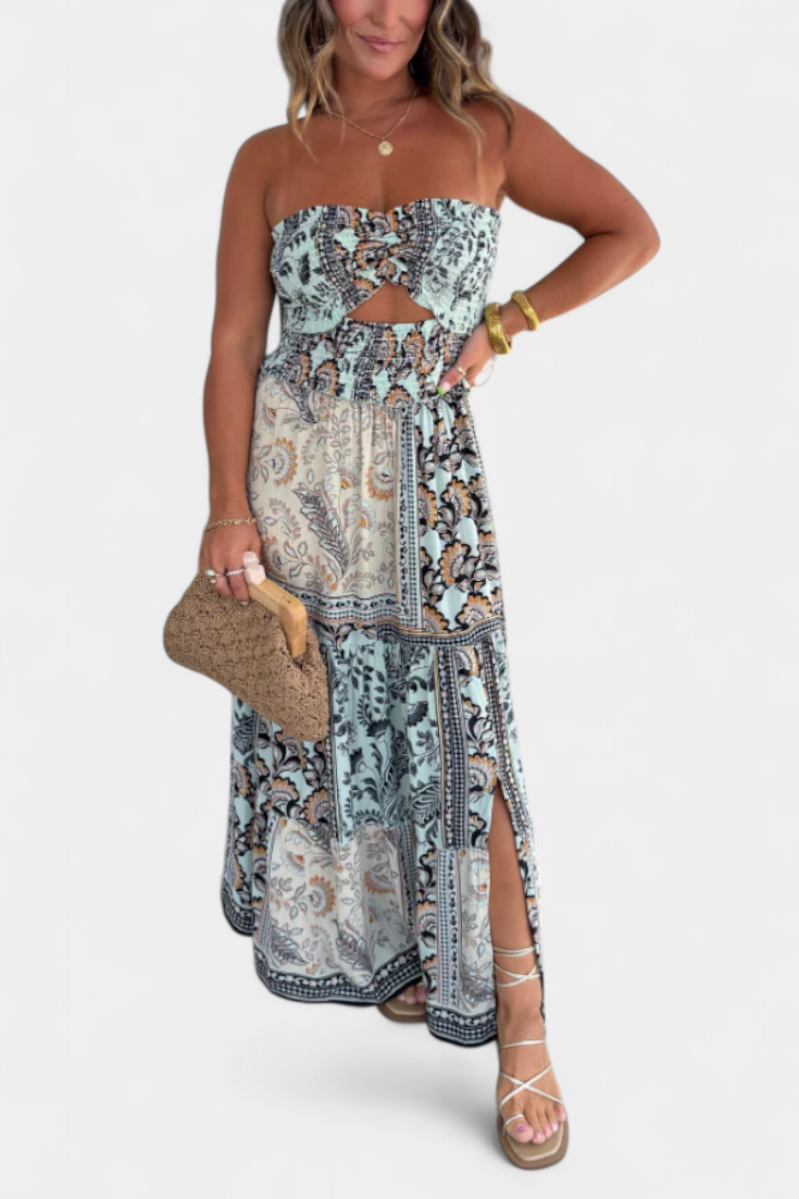 Edurne Long printed dress with strapless neckline