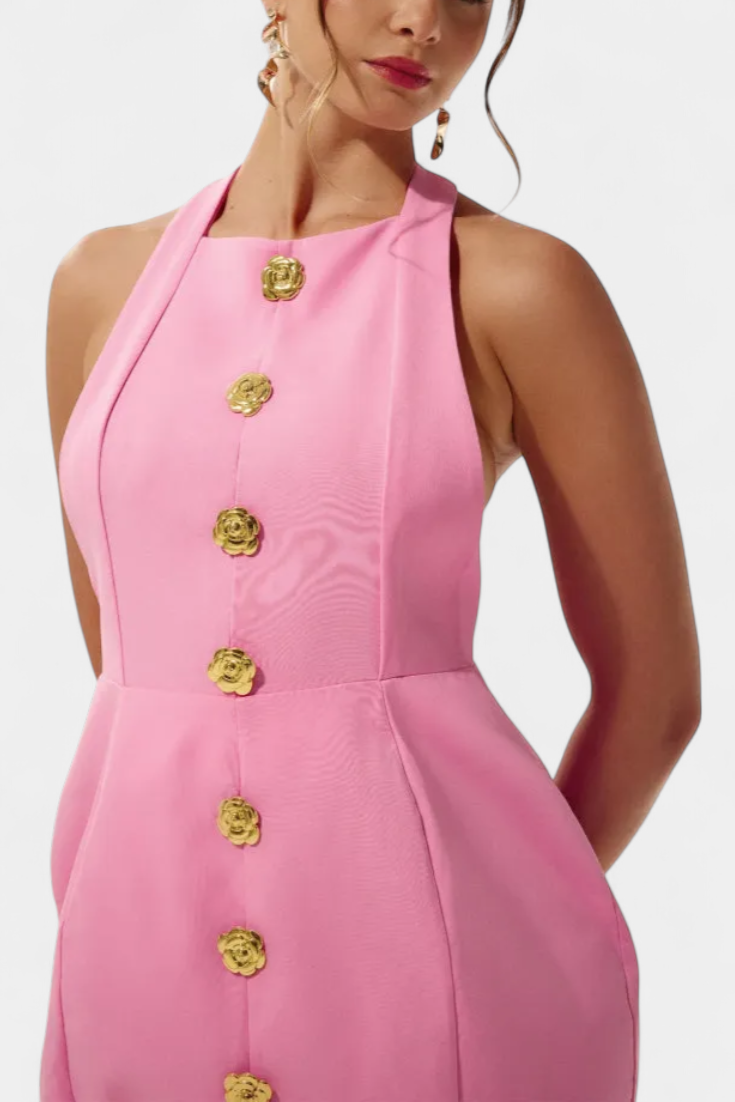 Yvonne Mini Dress with Tie Neck, Open Back and Floral Detail