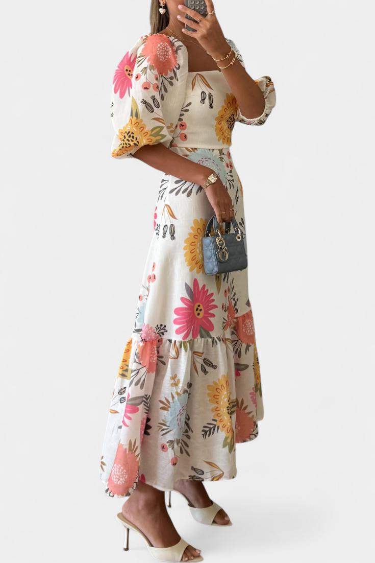 Kacey Floral Midi Dress with Puff Sleeves