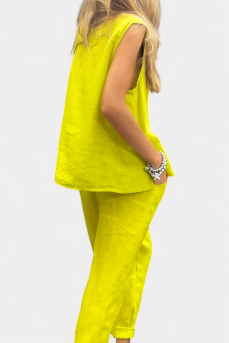 Leona Sleeveless Set with Vest and Pants made of Cotton and Linen