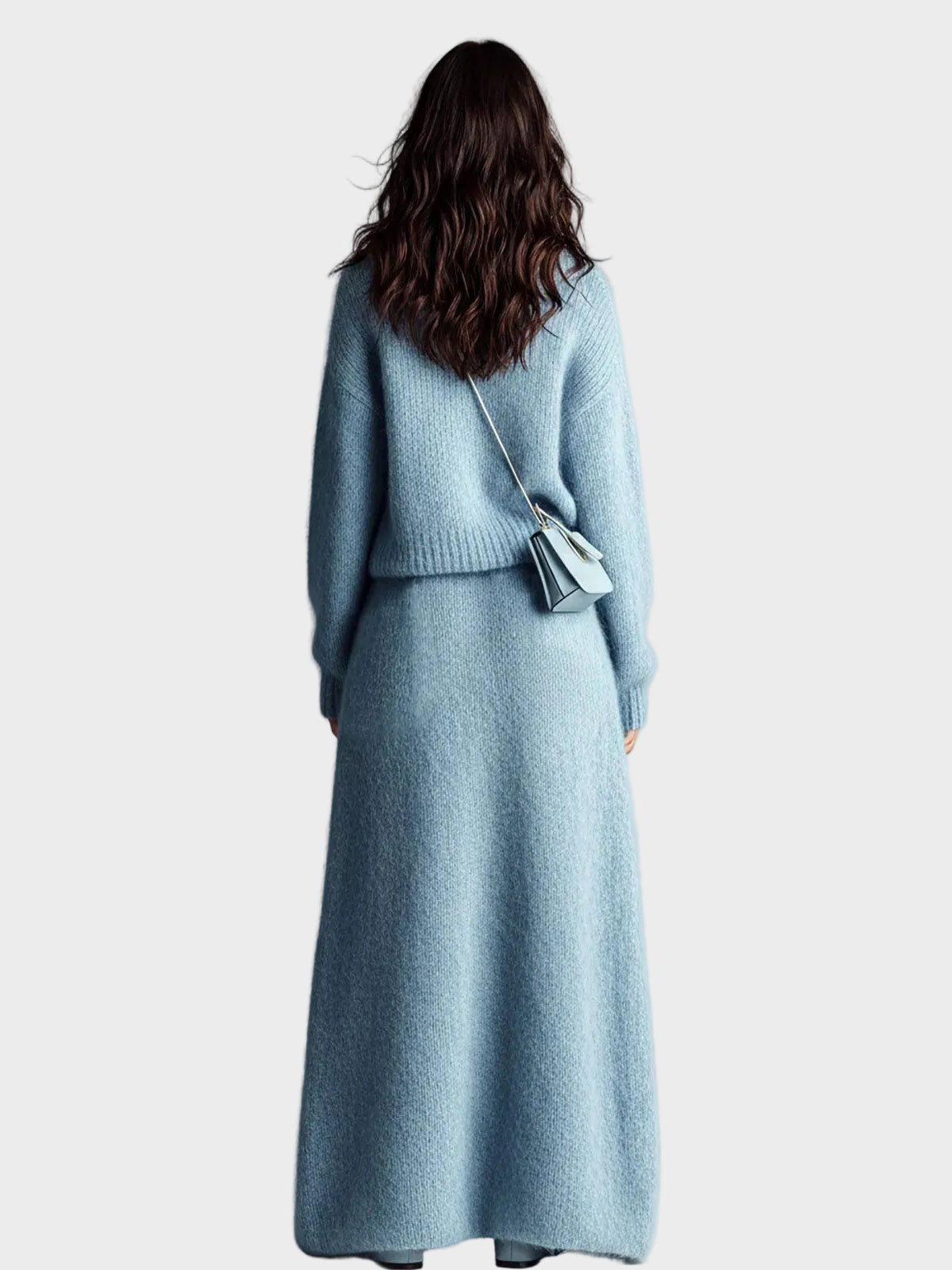 Rosie - Chic and elegant blue two-piece set with a knitted sweater with a stand-up collar, V-neck, long sleeves and a loose fit, and a maxi skirt with a pocket and fluffy knit