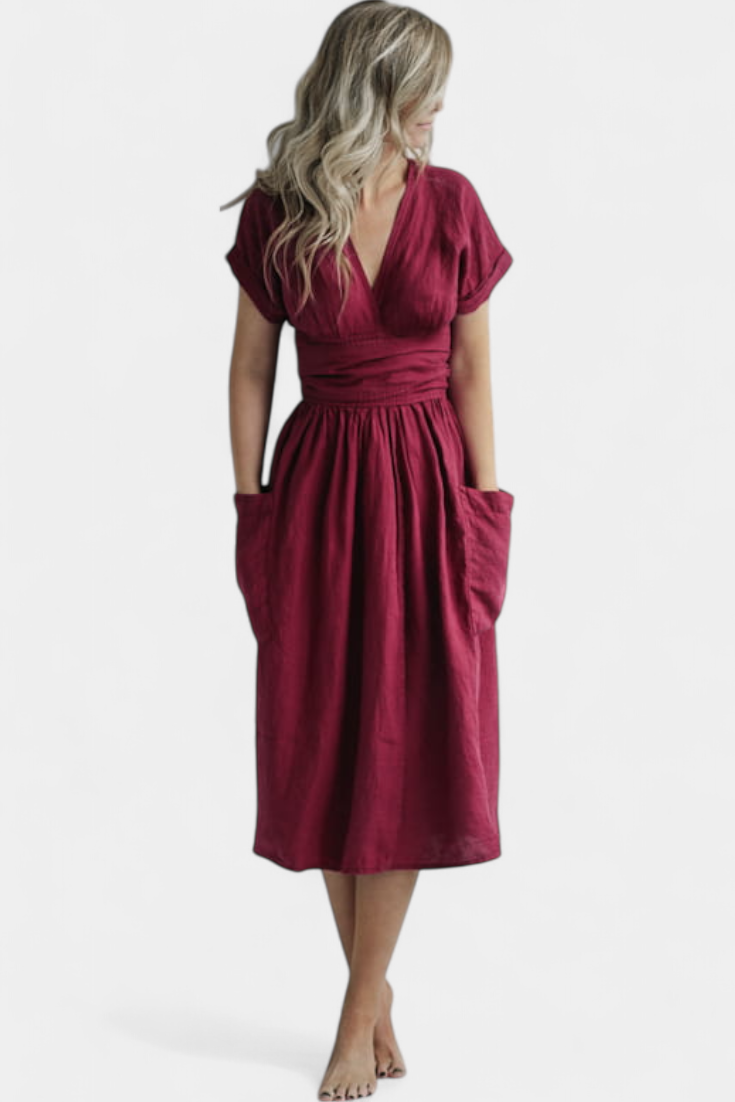 Cressida Cotton Dress with V-Neck and Adjustable Waist