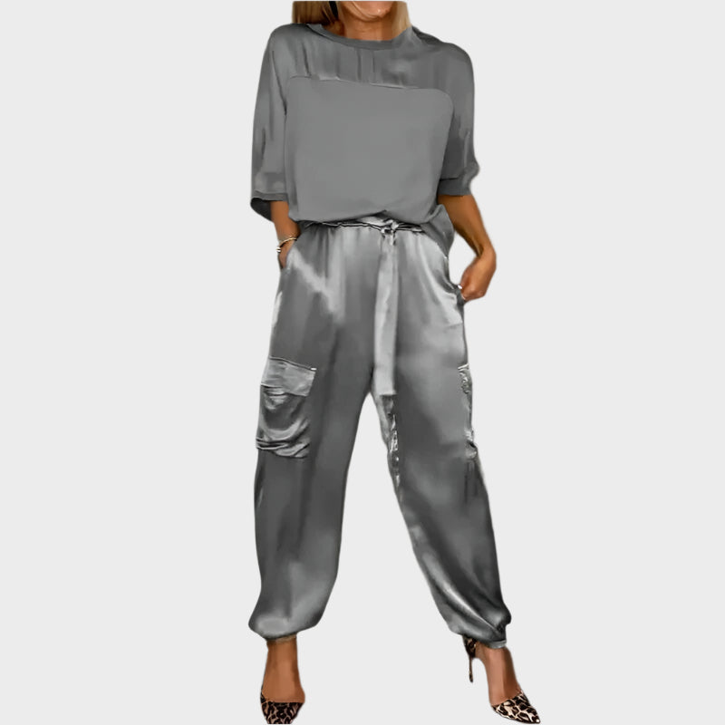 Satin Set with Loose Blouse and Cargo Pants