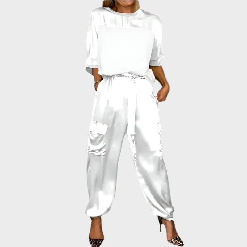 Satin Set with Loose Blouse and Cargo Pants