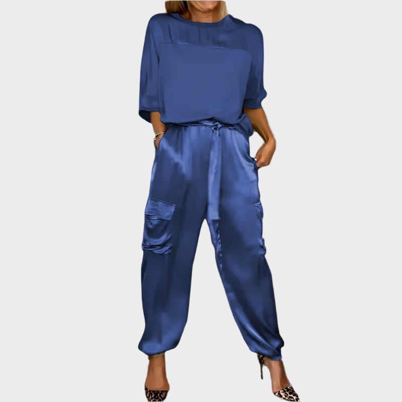 Satin Set with Loose Blouse and Cargo Pants