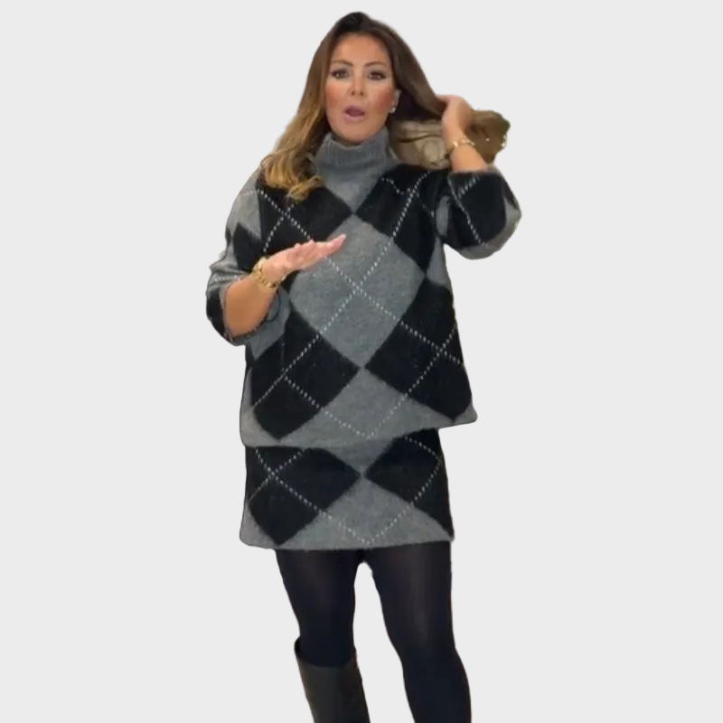 Hira - Diamond Pattern Knit Sweater & Skirt 2-Piece Set
