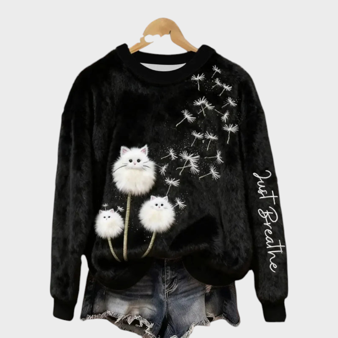 Madlene | Women's Just Breathe Hoodie with Furry Cat & Dandelion